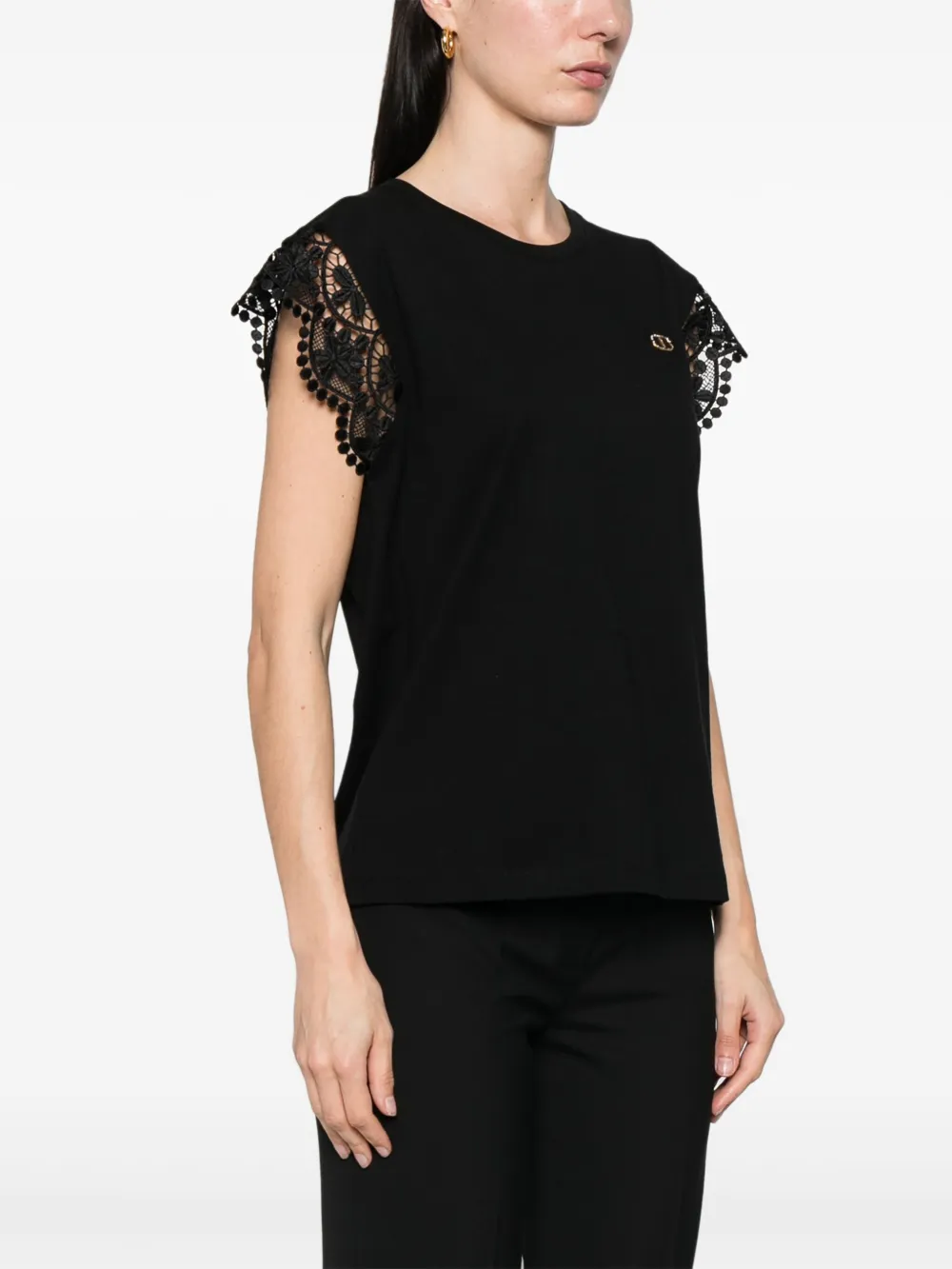 Shop Twinset Lace-cap-sleeves T-shirt In Black