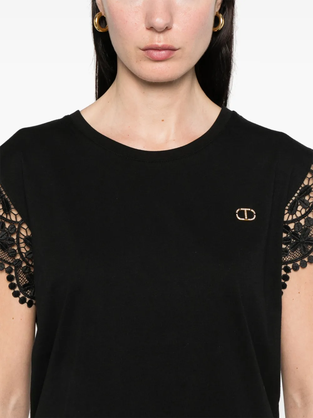 Shop Twinset Lace-cap-sleeves T-shirt In Black