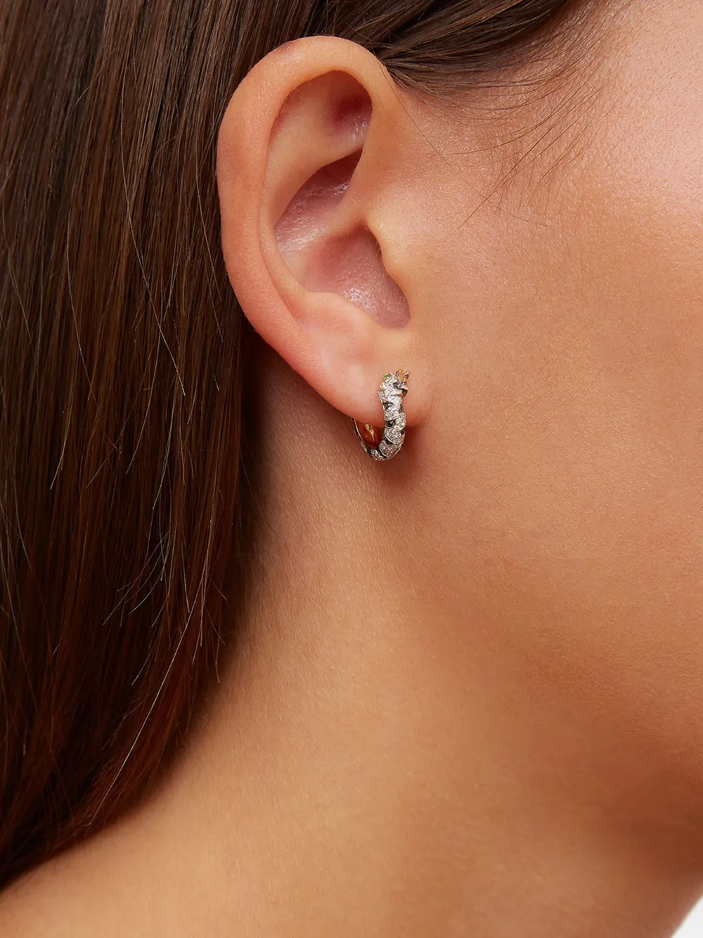Yvonne Léon 9CT Yellow Gold Mini Créoles Felin Diamond and Tsavorite Hoop Earrings, view 4
