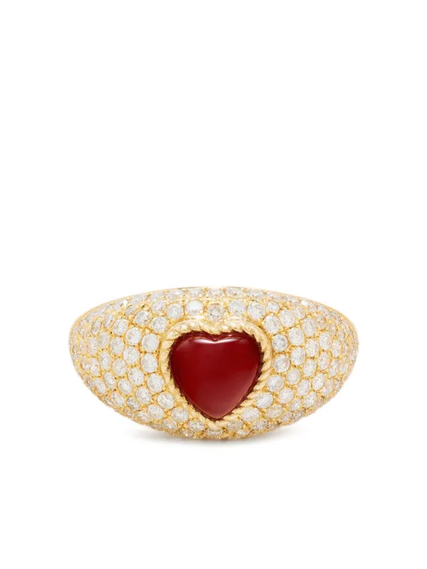 Yvonne Léon 9K Yellow Gold Mini Bague Dôme Coeur Diamond and Agate Ring