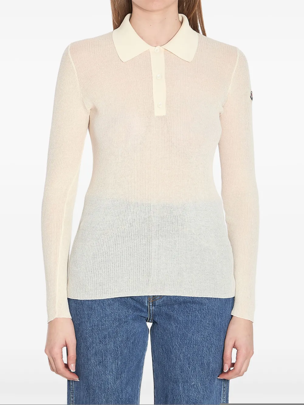 Moncler Sleeved Polo Collar Ribbed Texture Top In Weiss