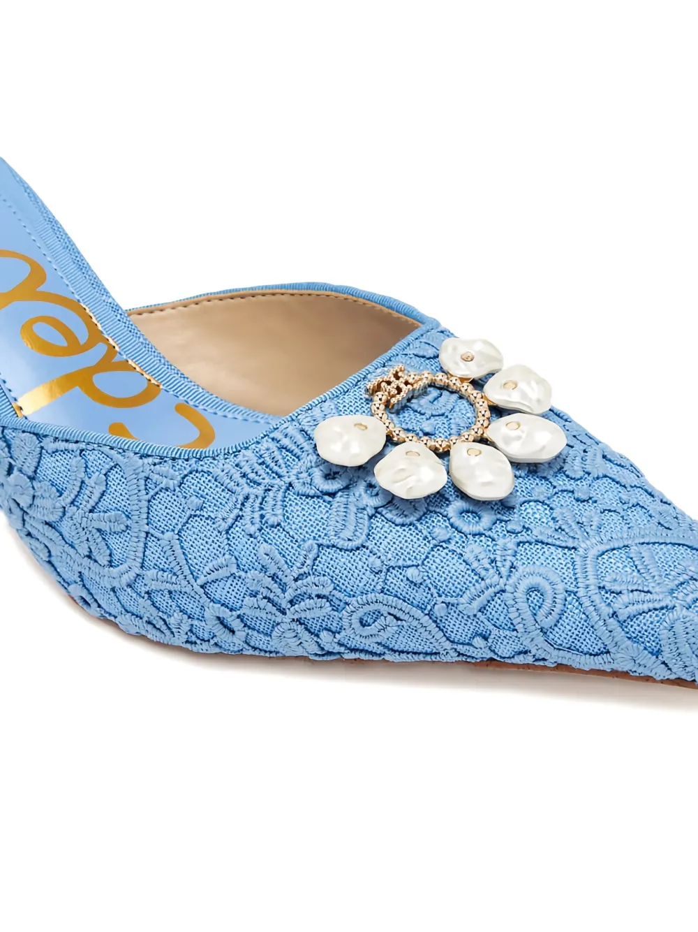 Sam Edelman 60mm Lace-embellished Pointed-toe Mules In Blue