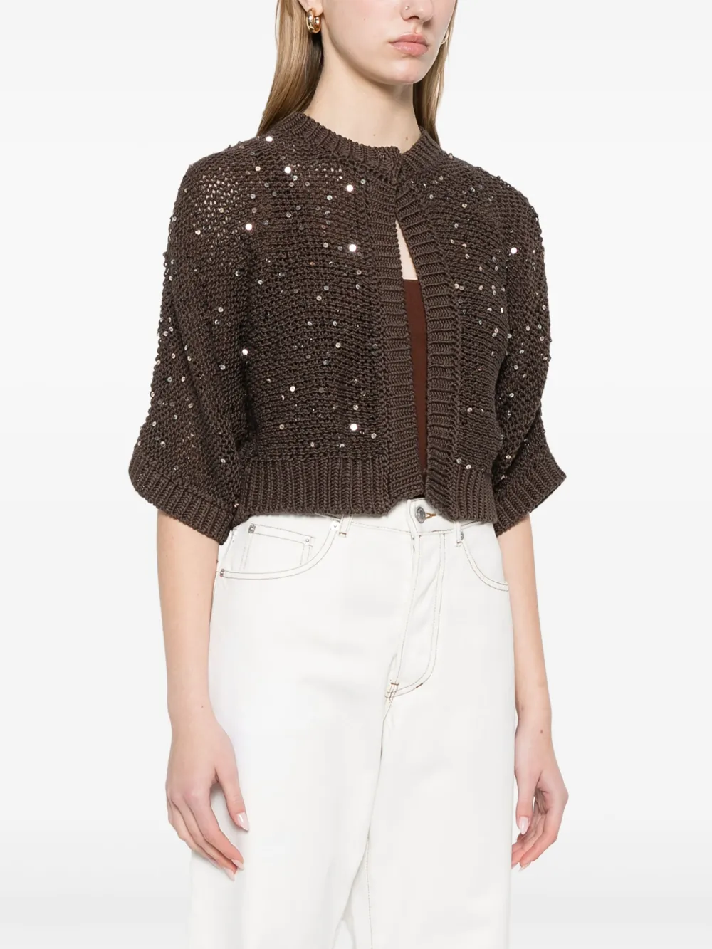 Shop Peserico Sequin-embellished Cardigan In Braun