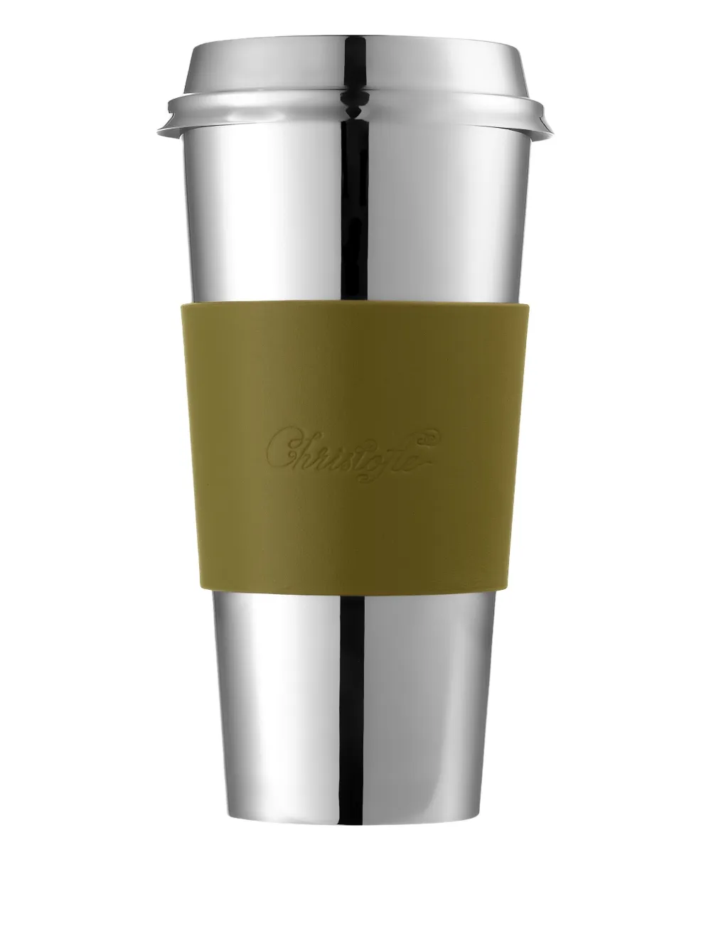 Christofle Stainless Steel Coffee Cup Objets Miroir With Leather Sleeve