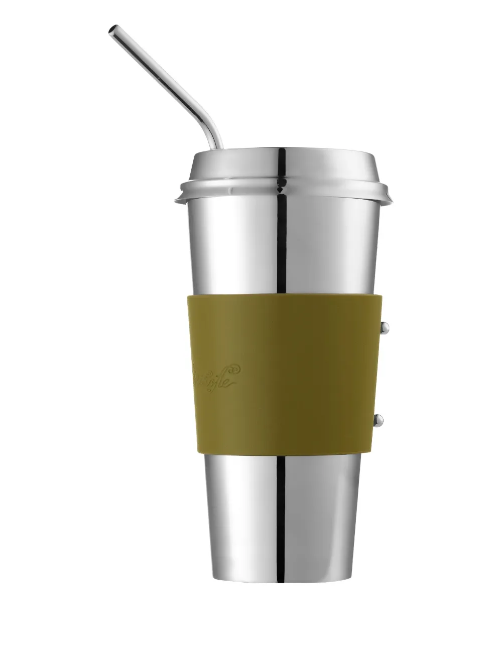 Christofle Stainless Steel Coffee Cup Objets Miroir With Leather Sleeve