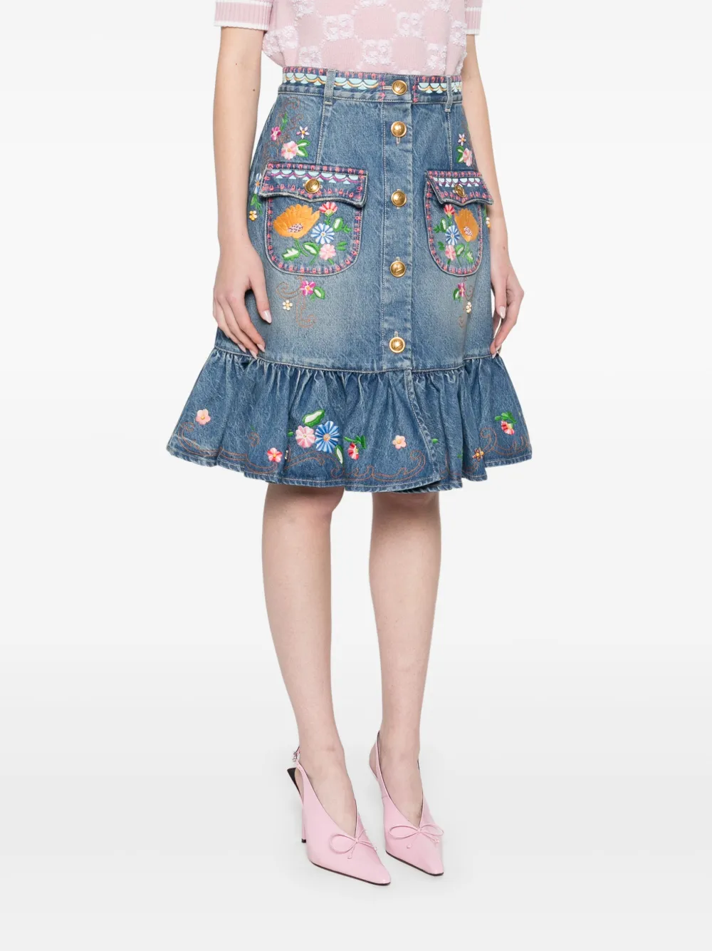 Valentino Garavani Midi-rok met geborduurde bloemen Blauw