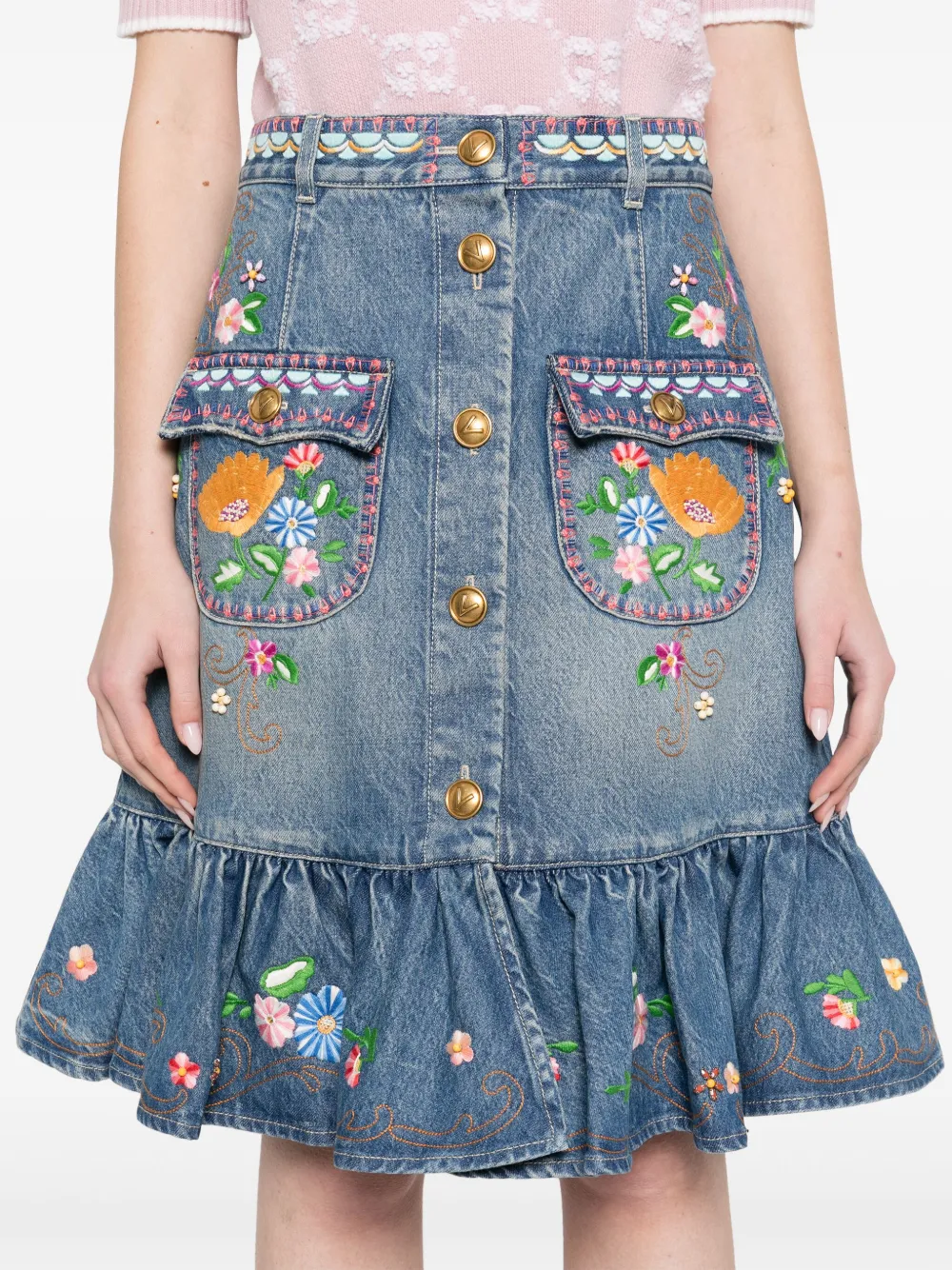 Valentino Garavani Midi-rok met geborduurde bloemen Blauw