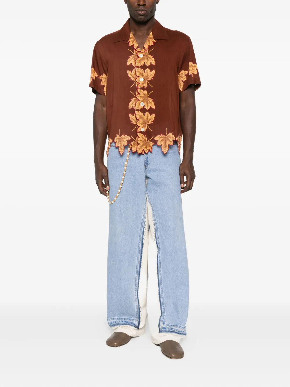 Bode Leaf-print Scalloped Shirt In Brown