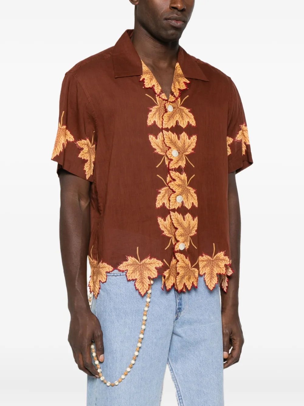 Bode Leaf-print Scalloped Shirt In Brown