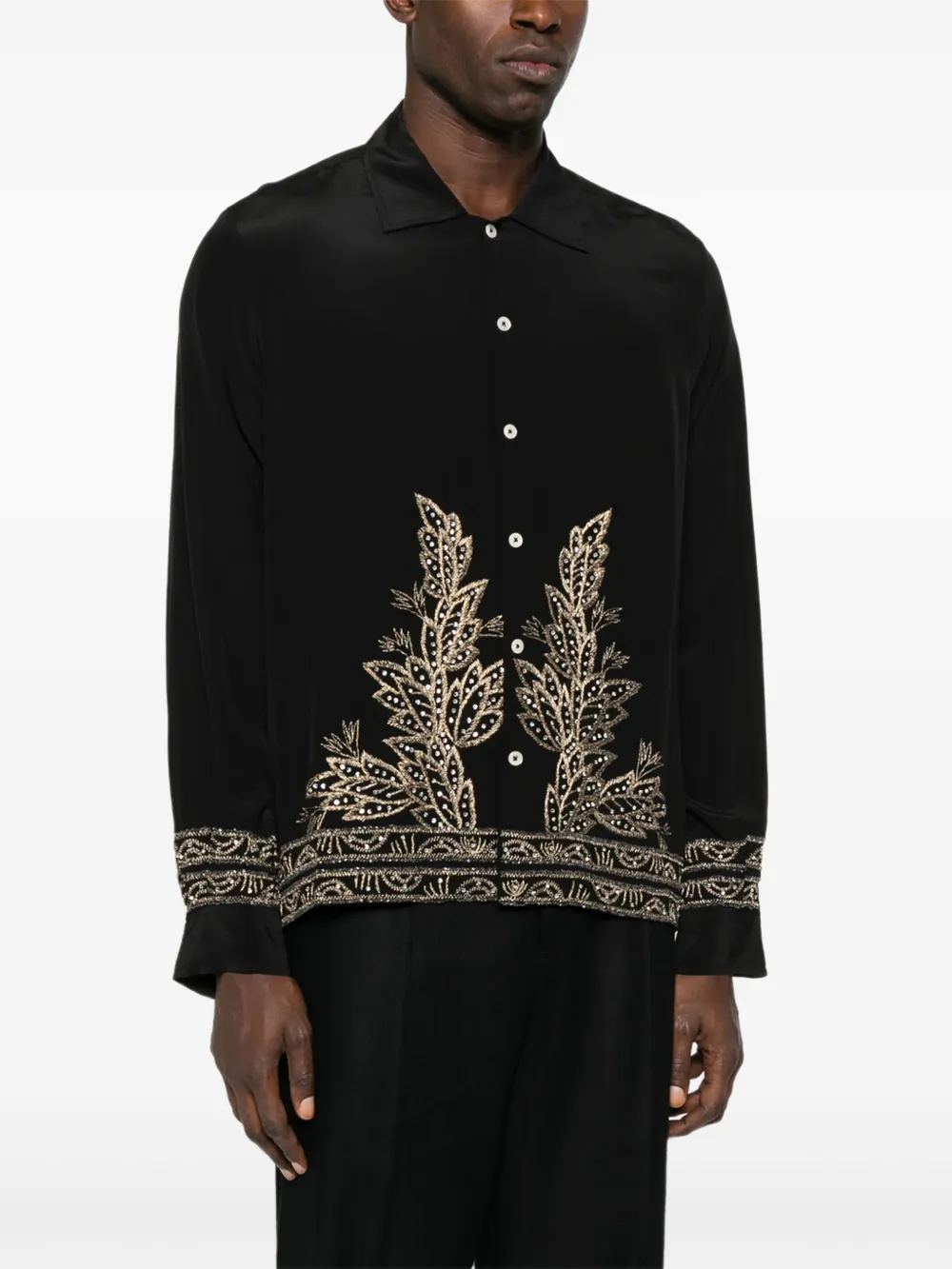 Bode Beaded Epoque Silk Button-up Shirt In Black