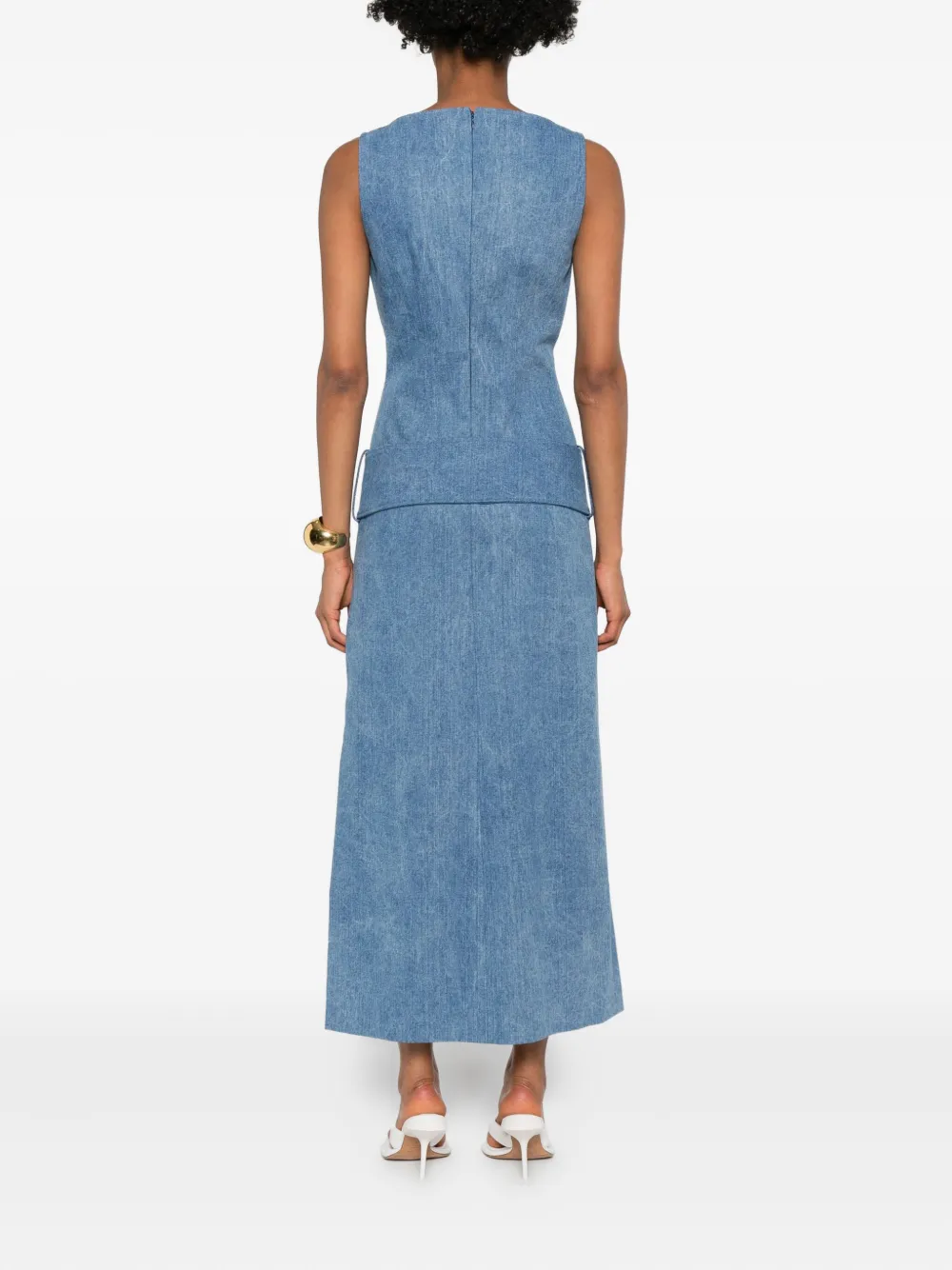 Rowen Rose Belted Denim Midi Dress In Blue