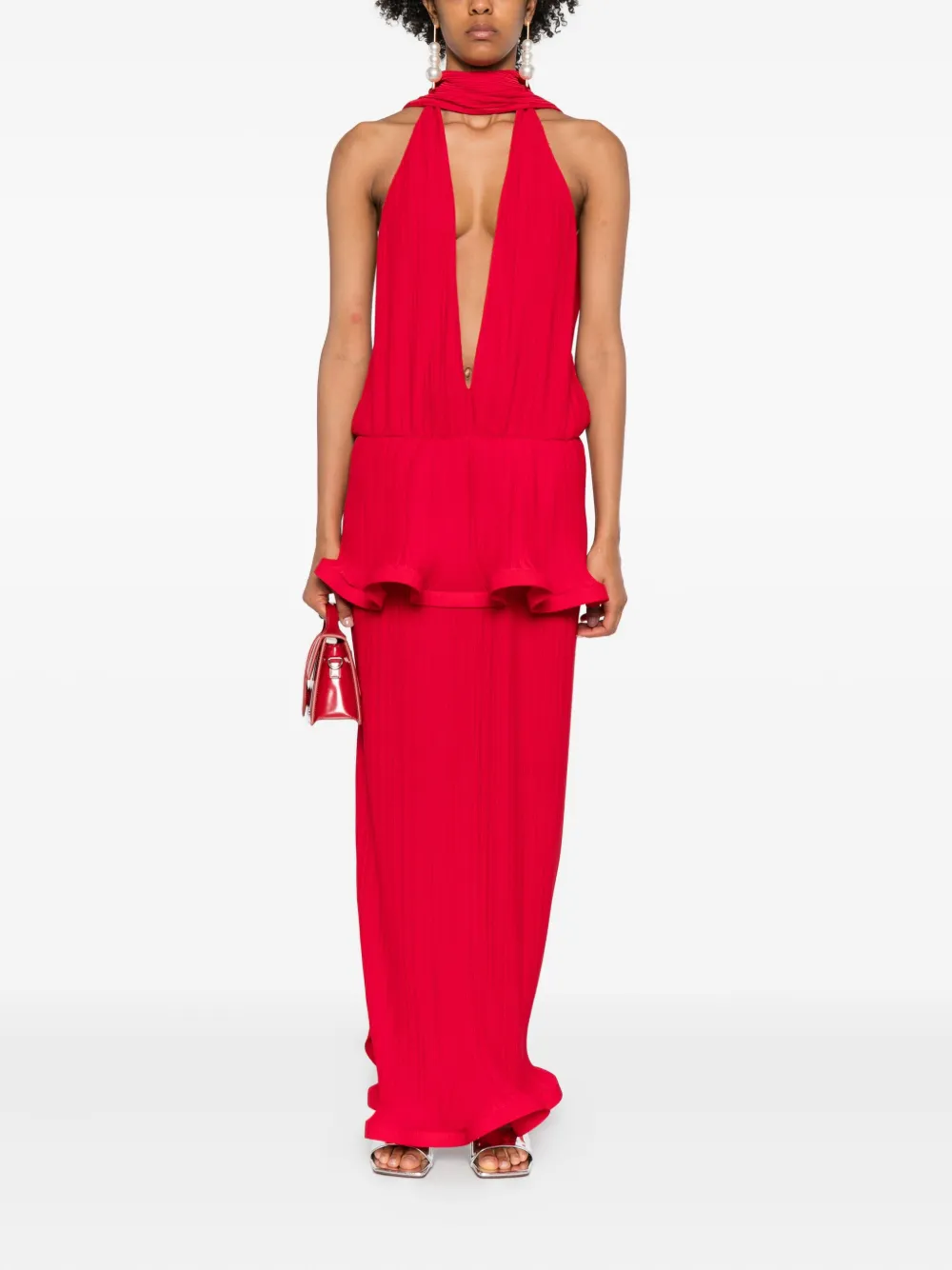 Rowen Rose Geplooide maxi-jurk met ruches - Rood