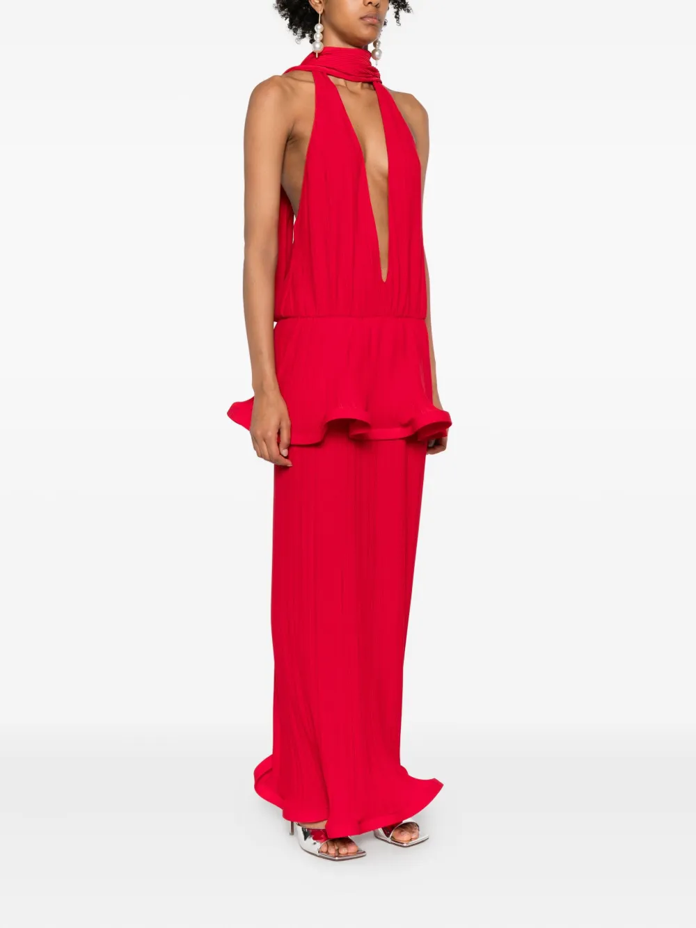 Rowen Rose Geplooide maxi-jurk met ruches Rood