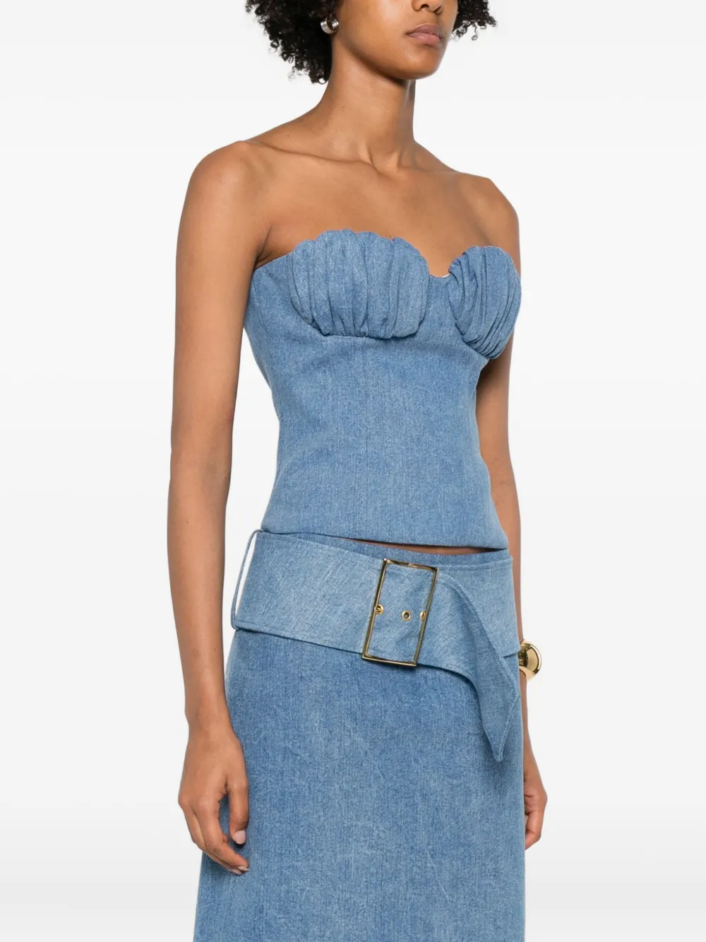 Rowen Rose Denim bustier met gesmockt detail Blauw