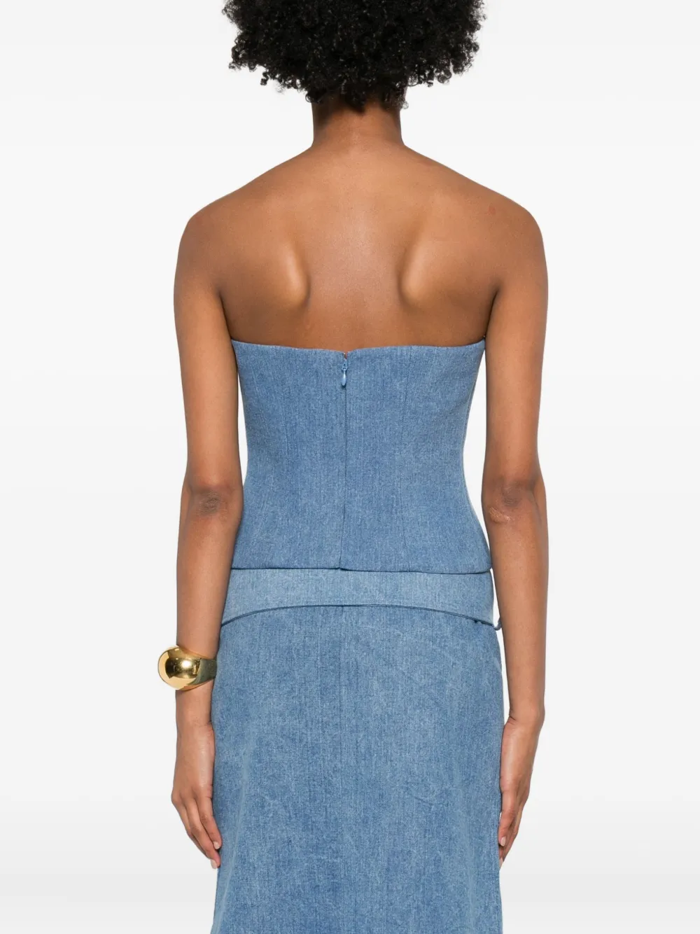 Rowen Rose Denim bustier met gesmockt detail Blauw