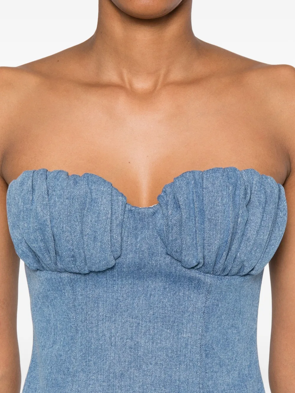 Rowen Rose Denim bustier met gesmockt detail Blauw
