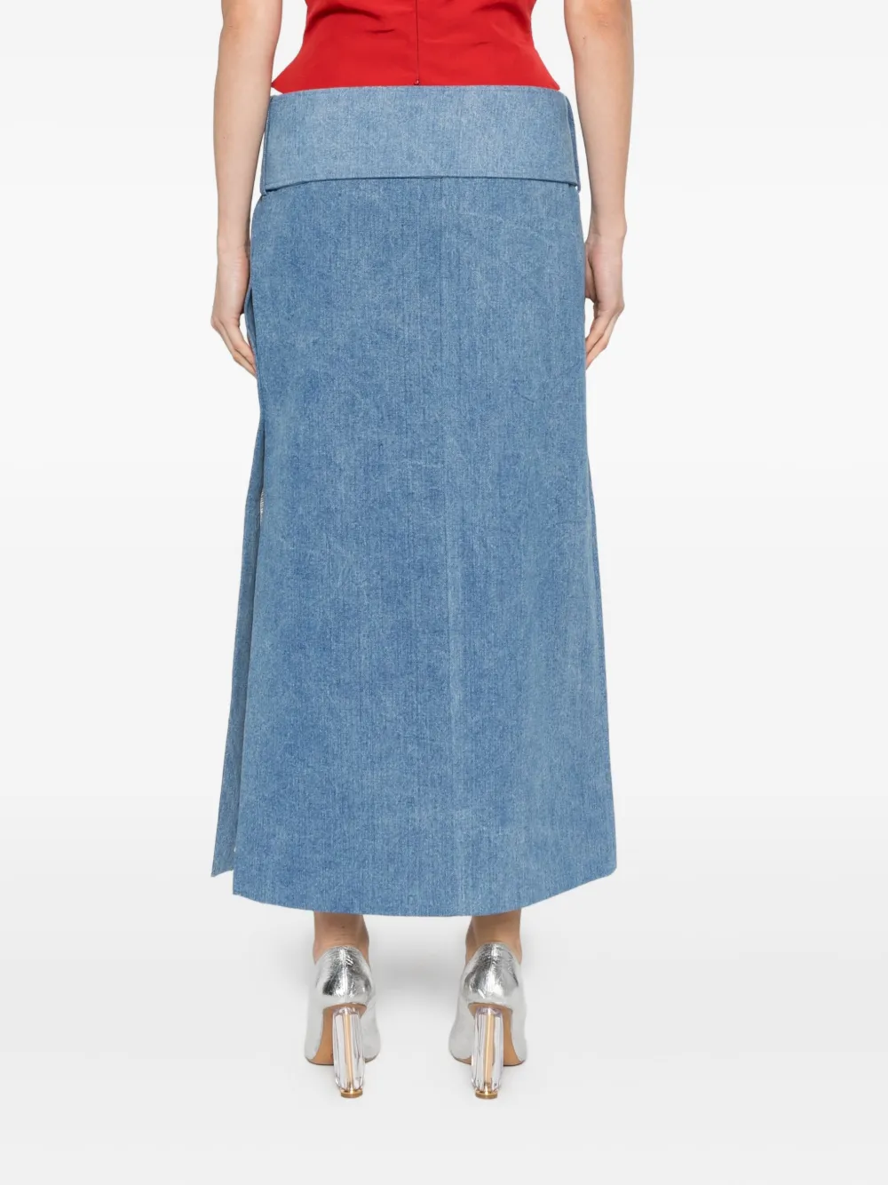 Rowen Rose belted denim midi skirt Blauw
