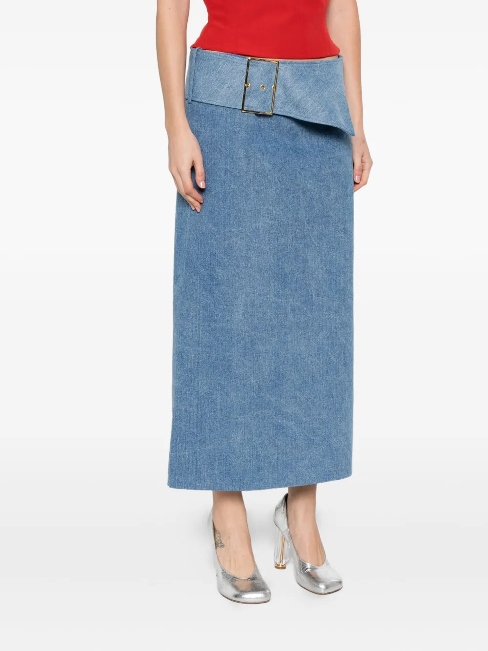 Rowen Rose belted denim midi skirt Blauw