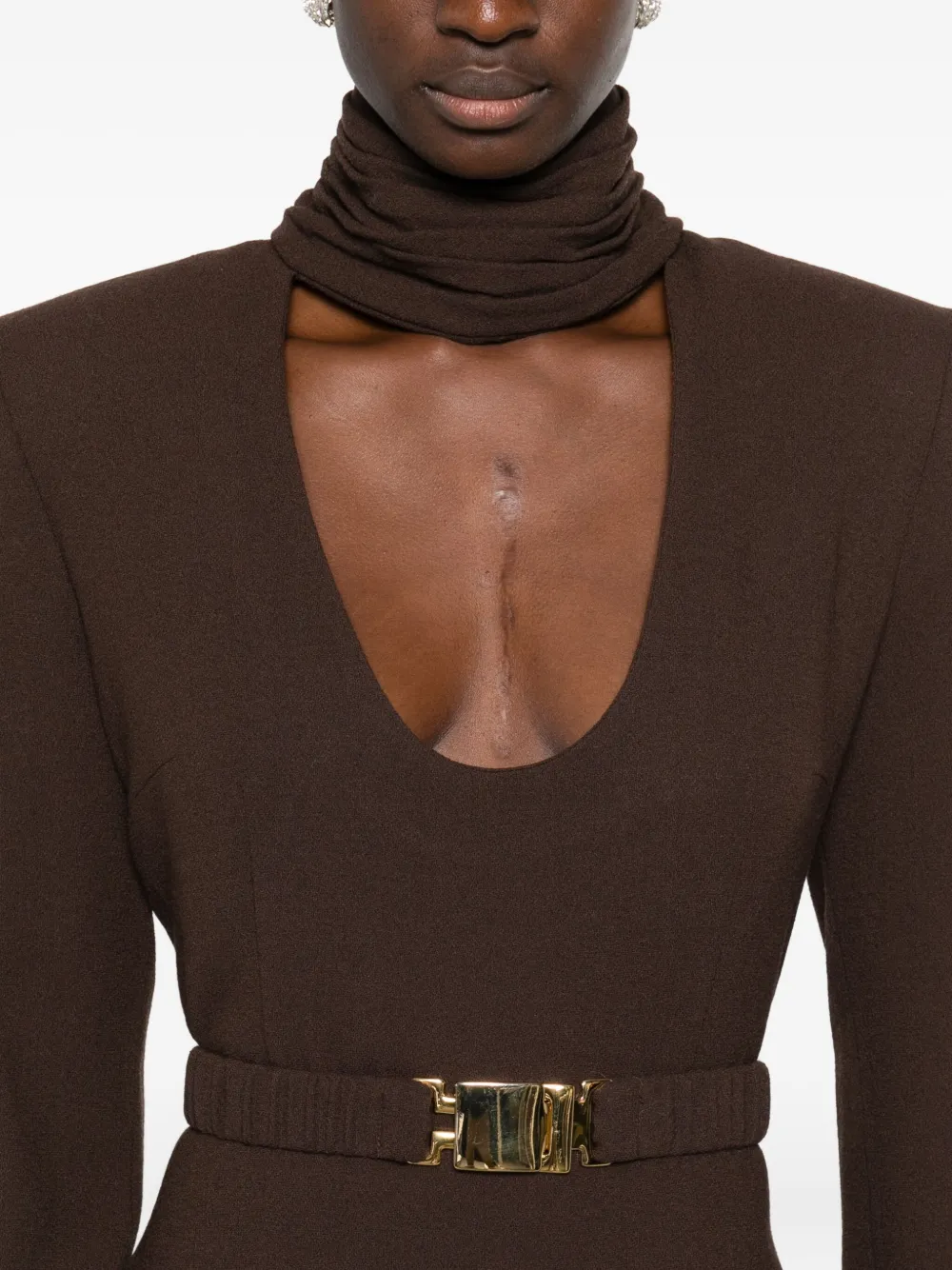 Rowen Rose High-neck Belted Mini Dress In Brown