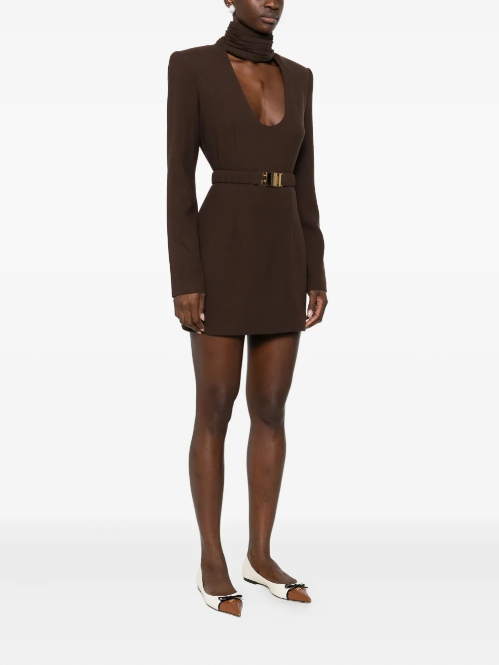 Rowen Rose High-neck Belted Mini Dress In Brown