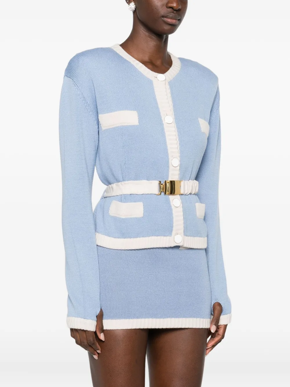 Rowen Rose Two-tone Belted Cardigan In Blue