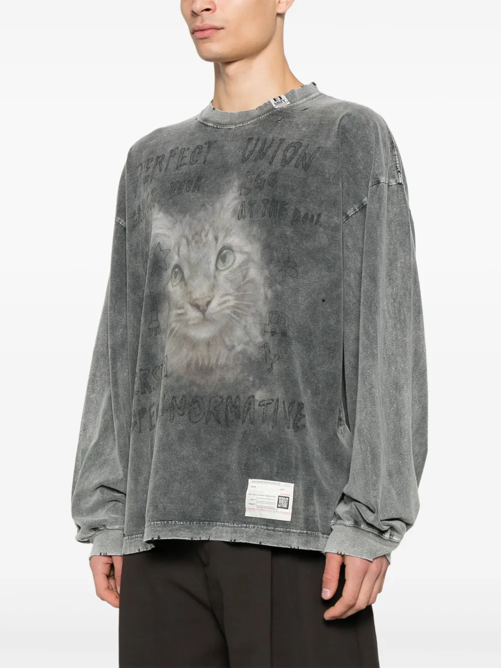 Maison MIHARA YASUHIRO Gebleekt T-shirt met kattenprint Grijs