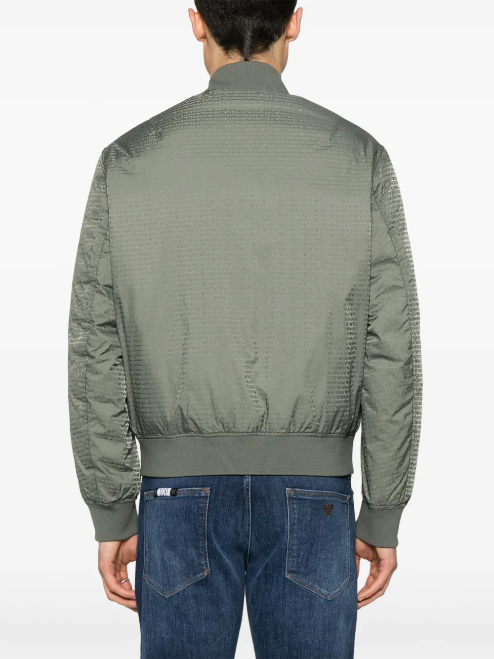 Emporio Armani Reversible Down Jacket With A Bomber Jacket Collar In Jacquard Nylon With All-over Lettering In Green