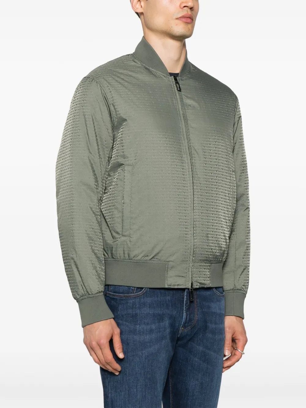 Emporio Armani Reversible Down Jacket With A Bomber Jacket Collar In Jacquard Nylon With All-over Lettering In Green