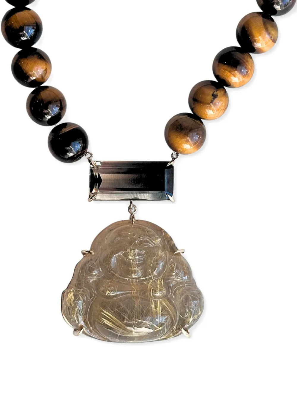 Jia Jia 14k White Gold Happy Buddha Smoky Quartz And Tigers Eye Necklace In Brown