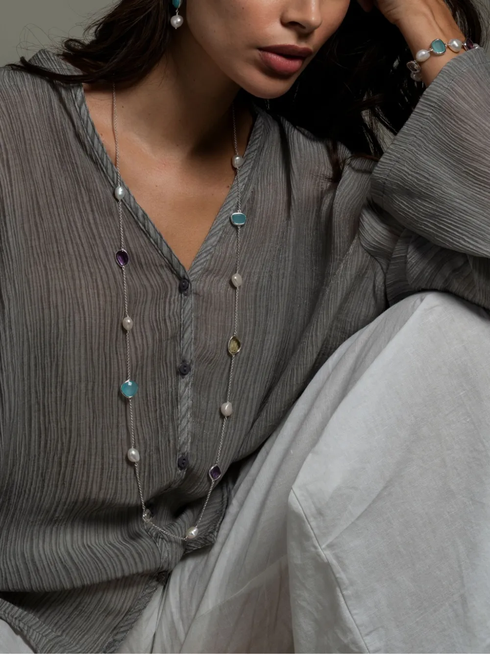 Dower & Hall Women's Long Candy Gemstone & Baroque Pearl Necklace In Silver In Silver