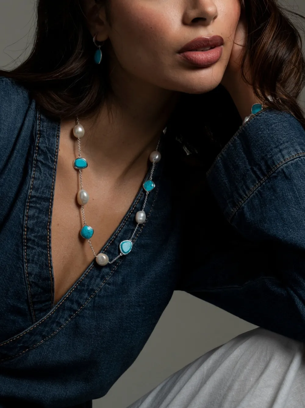 Dower & Hall Women's Silver Turquoise Gemstone & Baroque Pearl Pebble Necklace In Silver