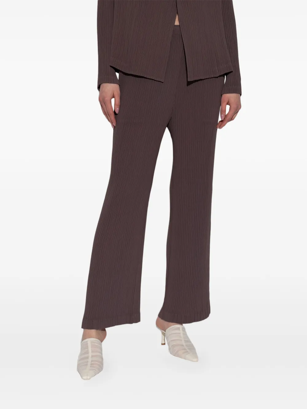 Shop Issey Miyake Hatching Pleats Trousers In Brown