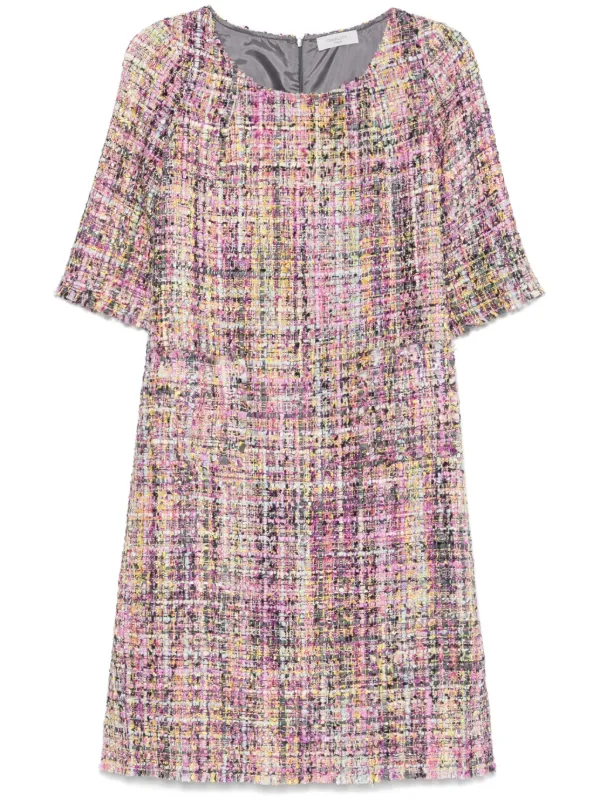 open lace back dress Baby Pink Tweed Plaid Metallic Stitching Short Dress