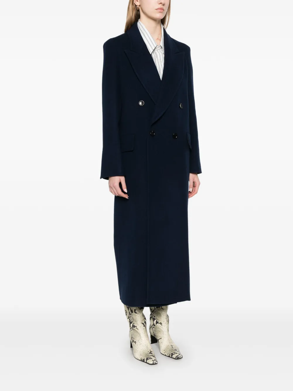 Max Mara Long Wool Cashmere Coat With Notched Lapels In Blue
