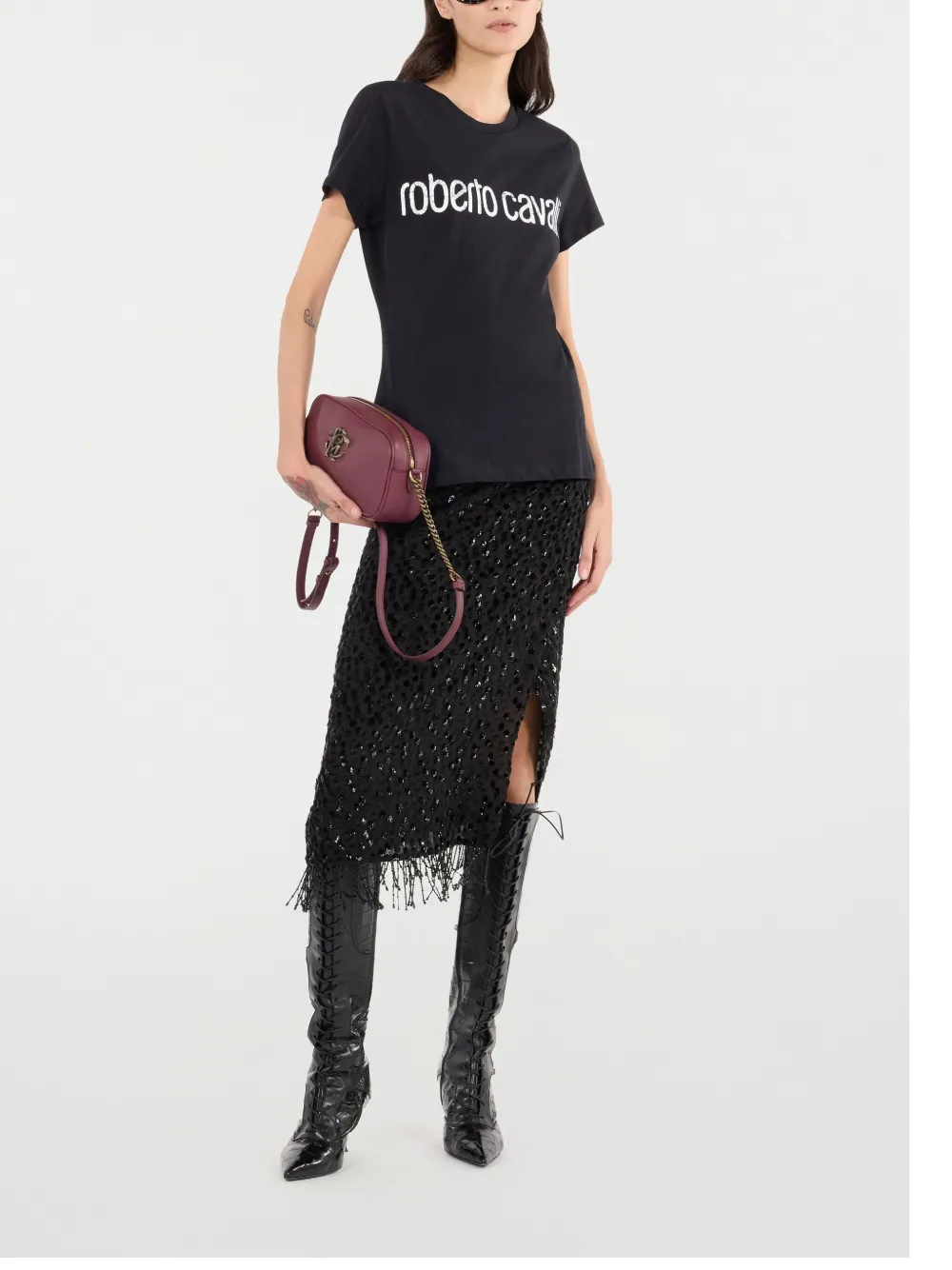 Roberto Cavalli Rok met franje en pailletten Zwart