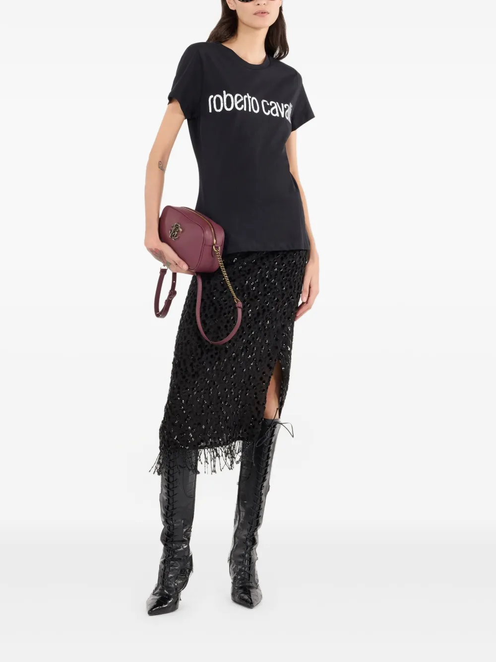 robertocavalli Roberto Cavalli Rok met franje en pailletten - Zwart