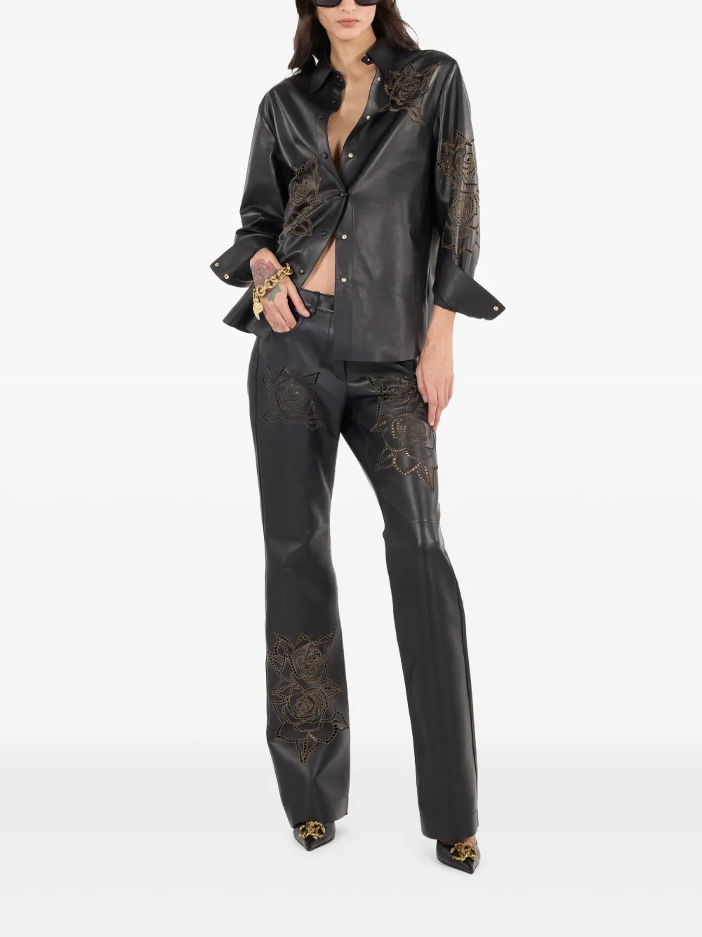 robertocavalli Roberto Cavalli Flared broek met geborduurde bloemen - Zwart