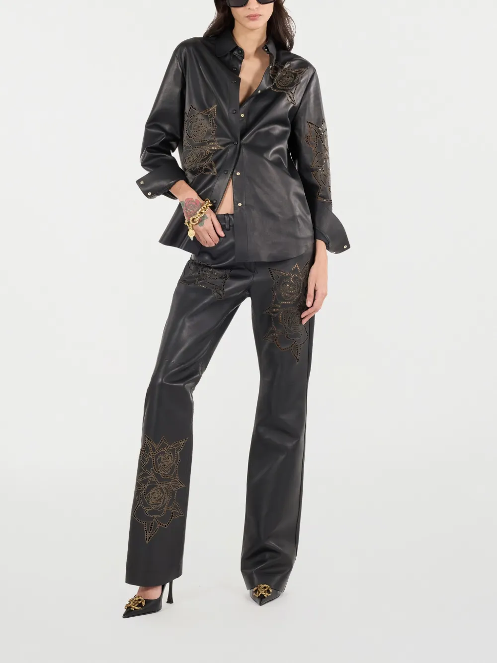 Roberto Cavalli Overhemd met bloemendetail en studs Zwart