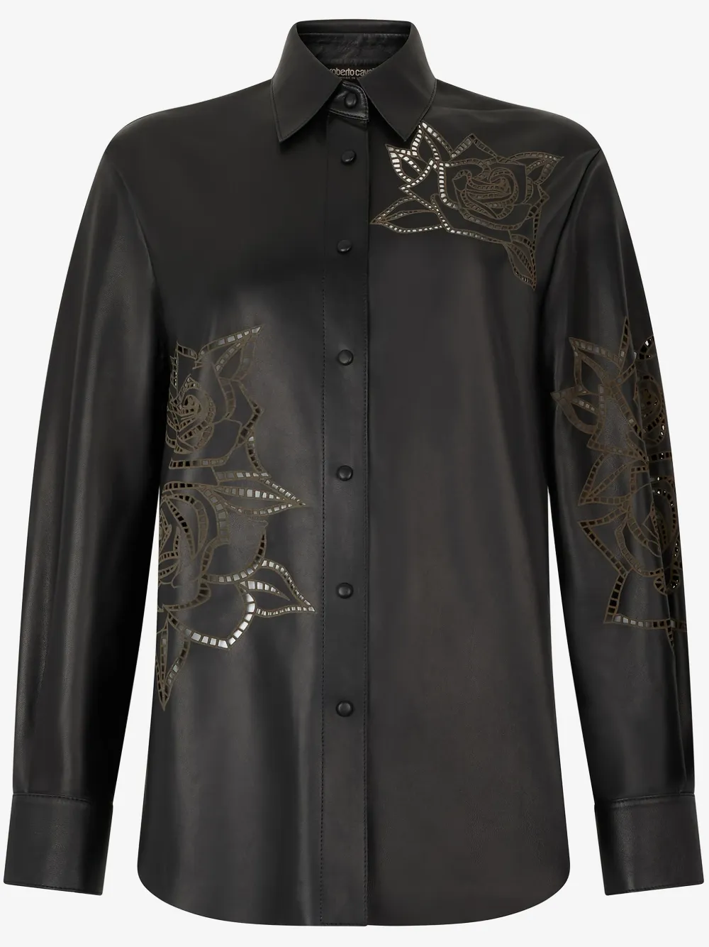 Roberto Cavalli Leather Shirt With Perforated Roses In Black