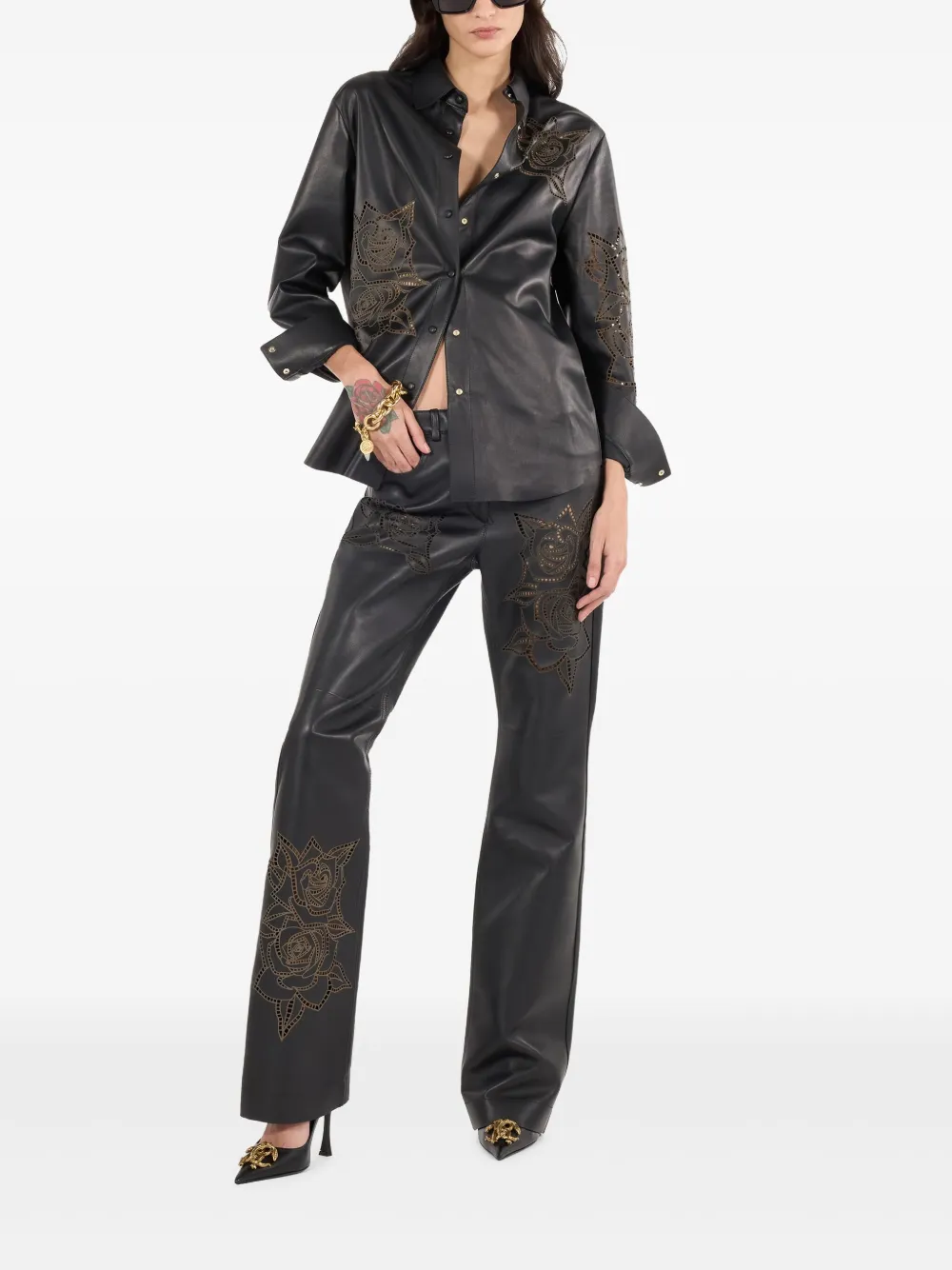 Roberto Cavalli Overhemd met bloemendetail en studs - Zwart