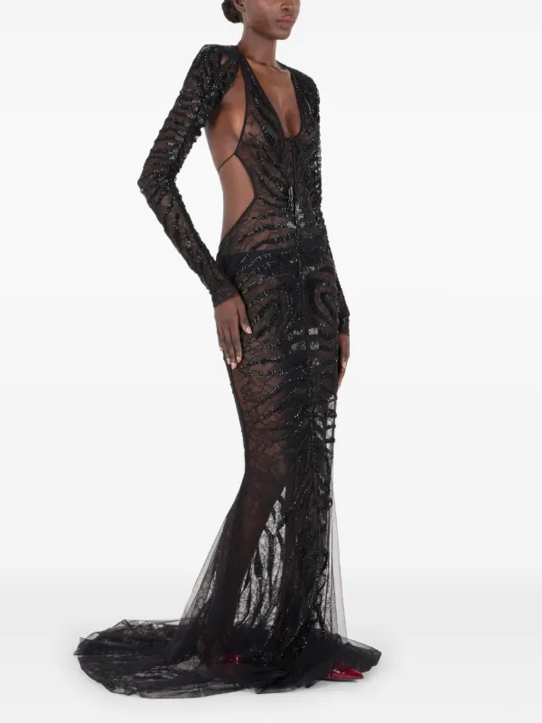 Roberto cavalli ブラック ロングドレス　サイズS Roberto Cavalli Sheer tiger-print Evening Dress | Black