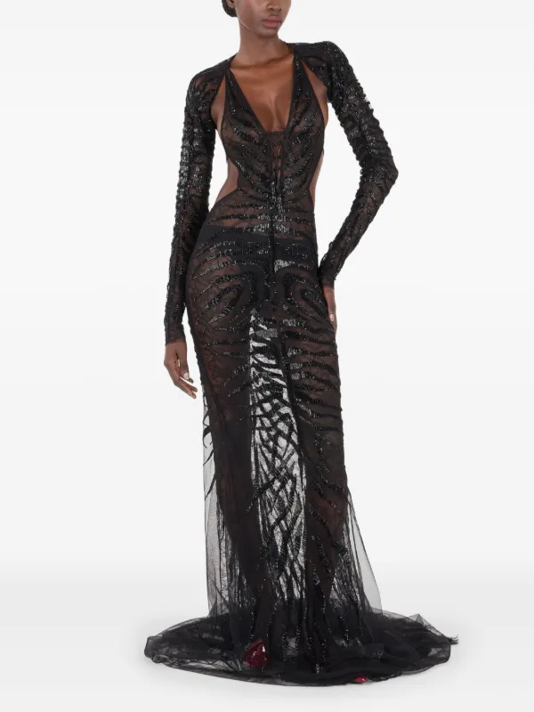 Roberto Cavalli Sheer tiger-print Evening Dress | Black