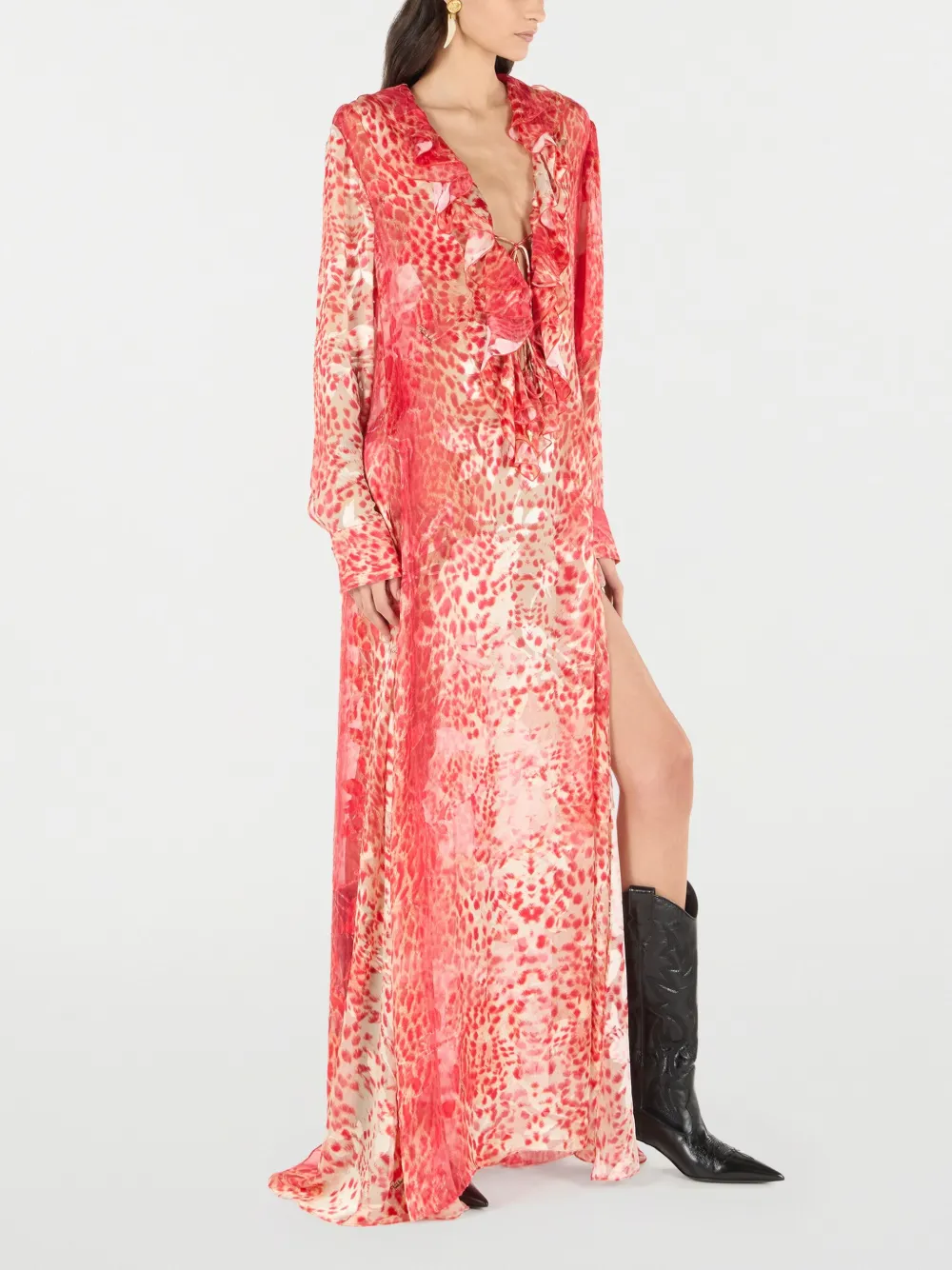 Roberto Cavalli Long Dress With Ruffle And Jaguar Skin Print In Red