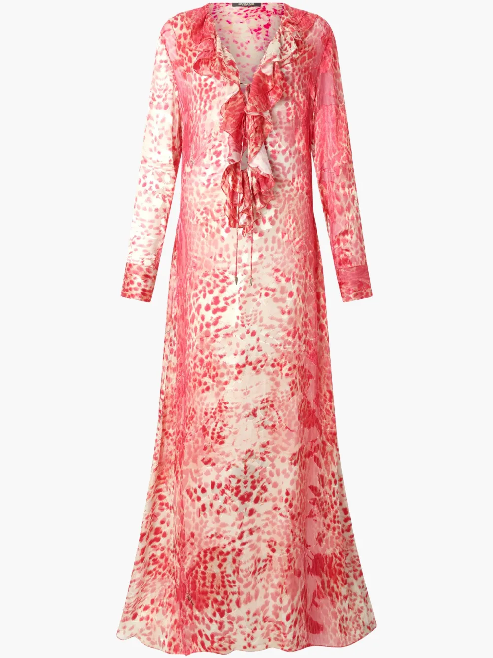 Roberto Cavalli Long Dress With Ruffle And Jaguar Skin Print In Red