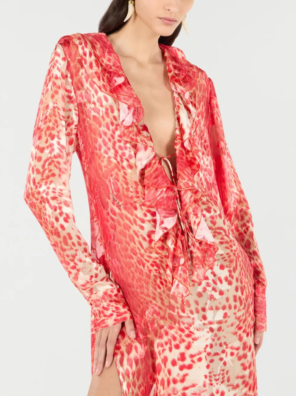 Roberto Cavalli Long Dress With Ruffle And Jaguar Skin Print In Red