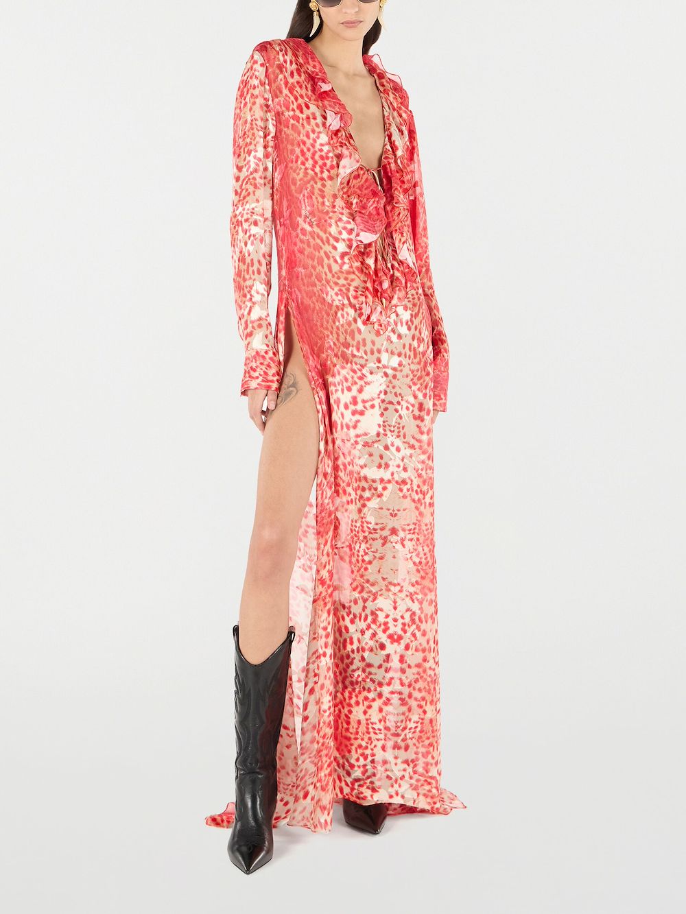 Roberto Cavalli Long Dress With Ruffle And Jaguar Skin Print In Red