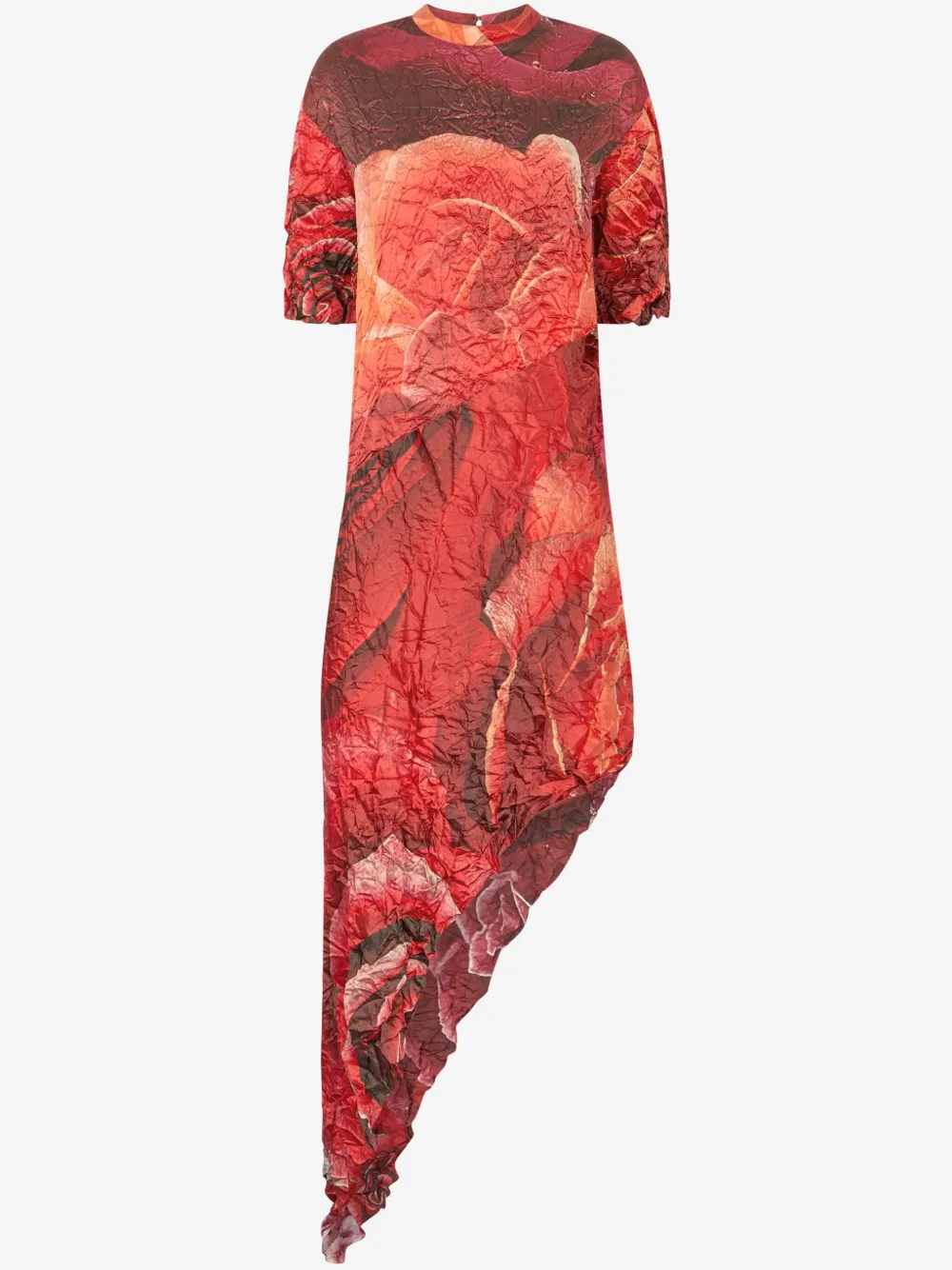 Roberto Cavalli Crinkled Asymmetric Dress With Rose Print In Red