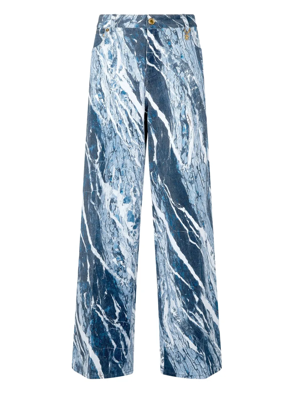 Roberto Cavalli Broek met wijde pijpen en marmerprint Blauw