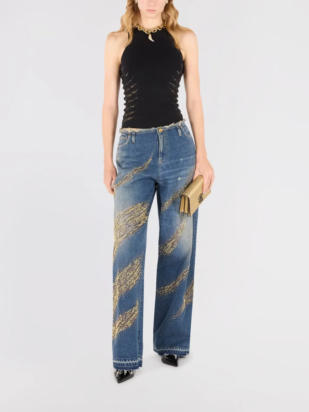 Roberto Cavalli Gerafelde denim jeans met wijde pijpen - Blauw