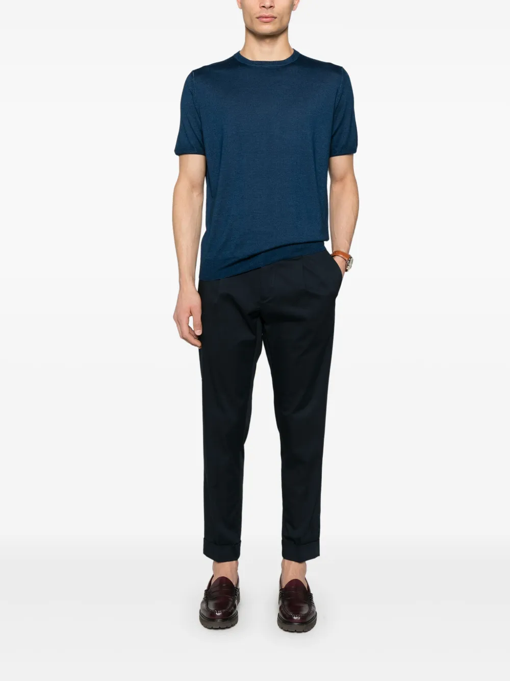 Canali Fijngebreid T-shirt - Blauw